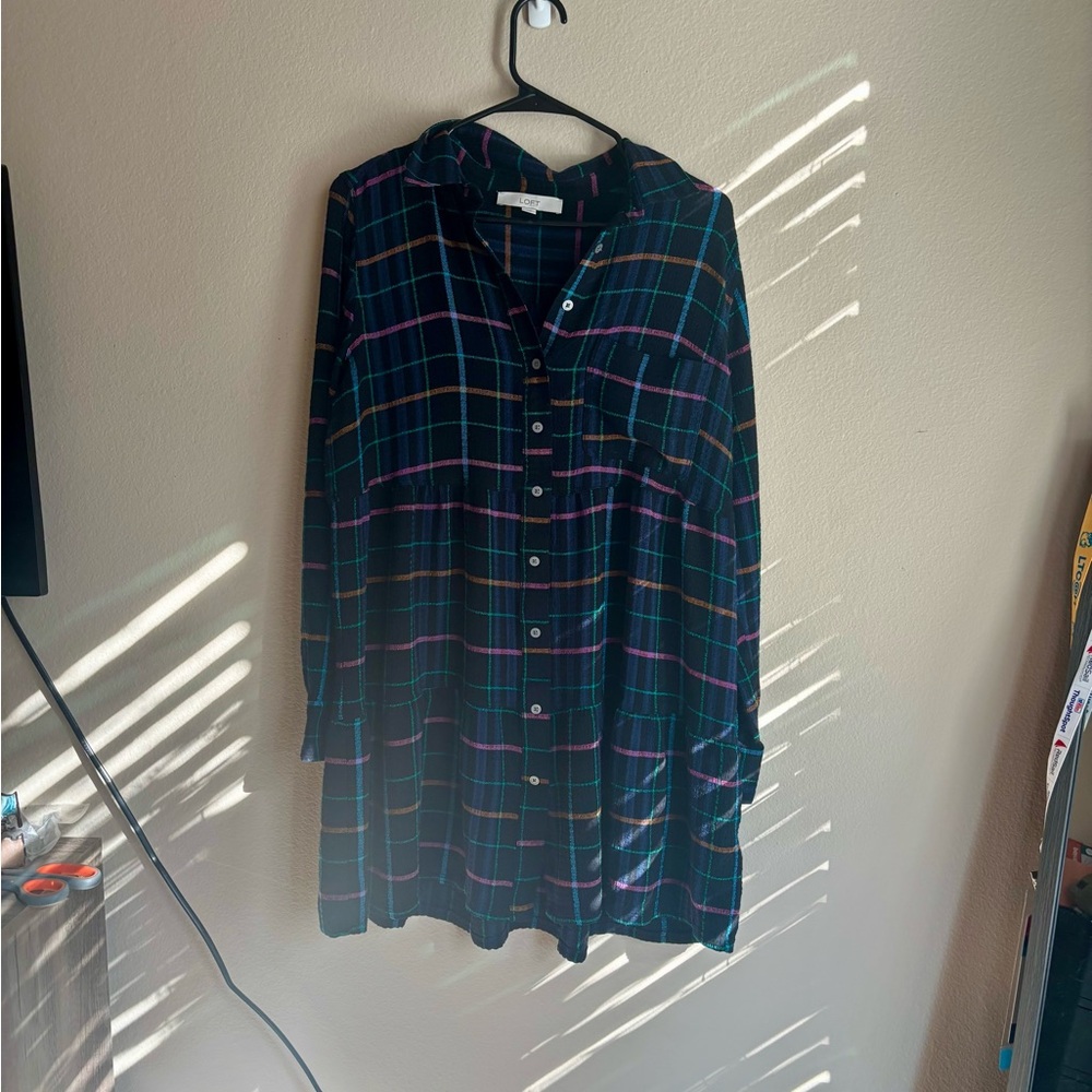 LOFT Petite Neon Plaid Tiered Pocket Shirtdress – Size M - Picture 3 of 6